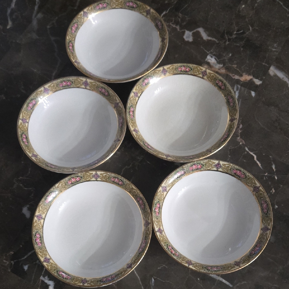 Homer Laughlin A-7N White Small Bowls with Gold and Pink Floral Rim